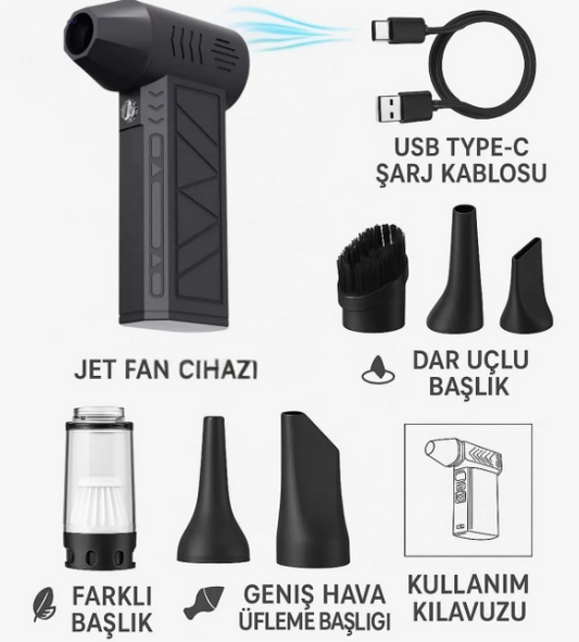 2in1 Şarjlı Araç Kurutucu Mini Turbo Jet Fanı Toz Alma Su Dağıtma Araç Süpürgesi Ve Hava Kompresörü